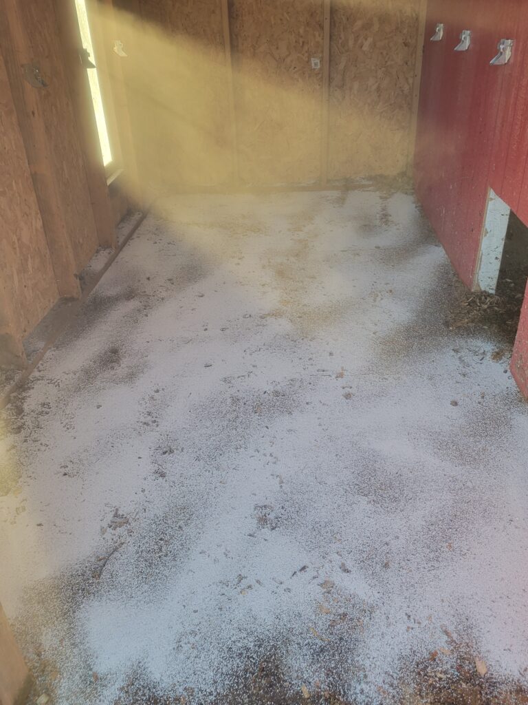 Sweet PDZ spread on bare hen house floor. Helps keep smell and moisture down.